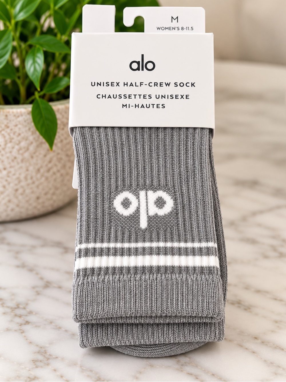 ALO Yoga Unisex Half-Crew Athletic Sock in Gray with White Stripes